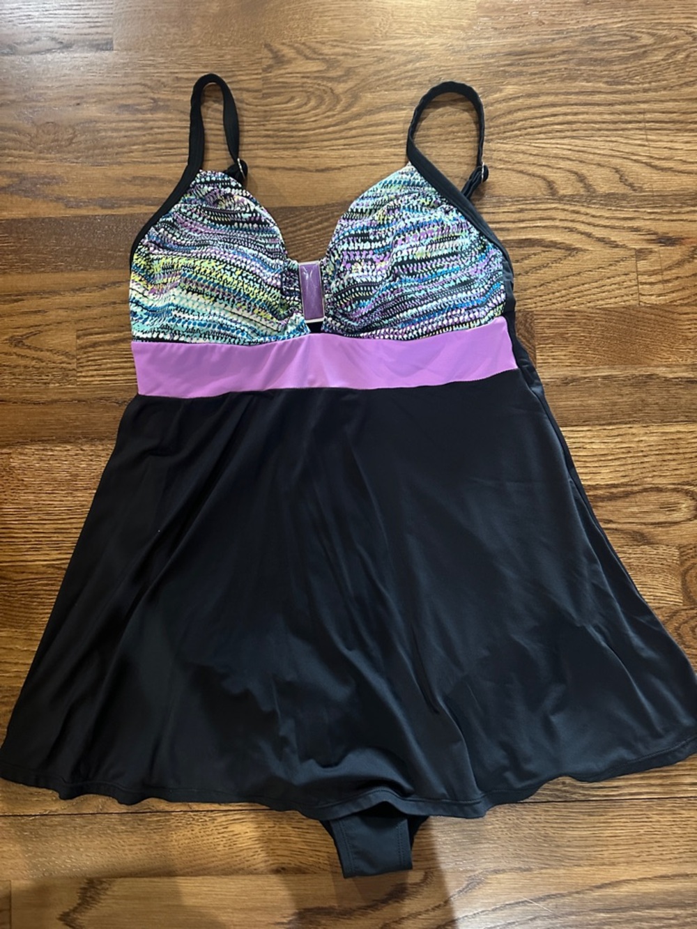 Black and Purple One-Piece Swimdress with Multicolor Print